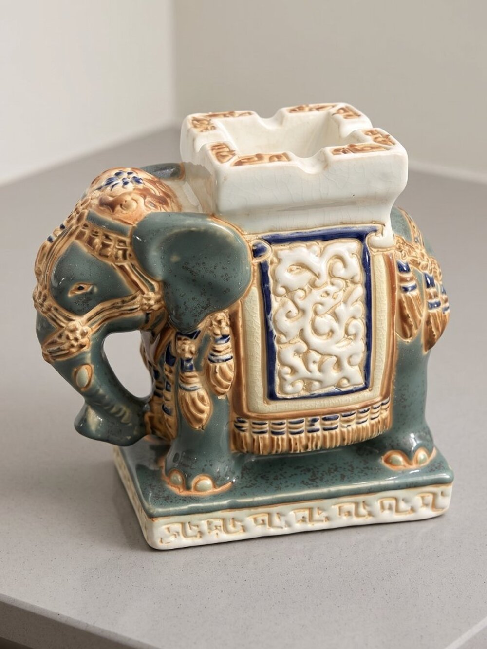 Vintage Ceramic Elephant Ashtray Trinket Dish Teal Green Chinoiserie Boho